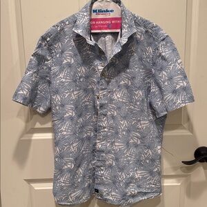 Johnnie O hang ten 100% linen men’s short sleeve shirt blue palm print